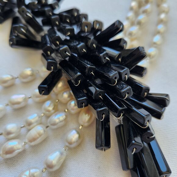 Beaded Black White Statement Necklace Bold Chunky Glam Elegant Office Siren - Picture 6 of 8